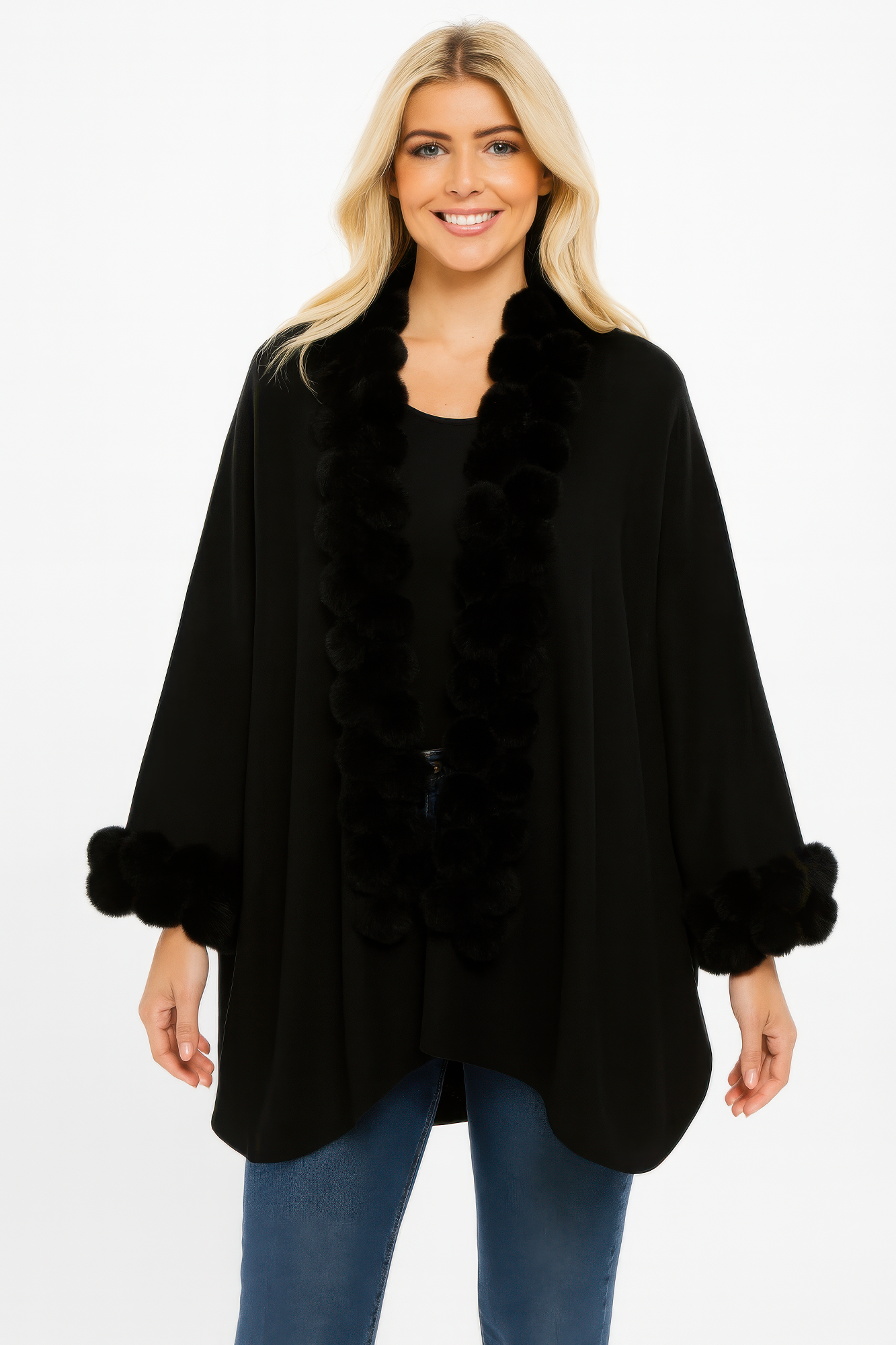 Open-front Cape With Pom Faux Fur Trim