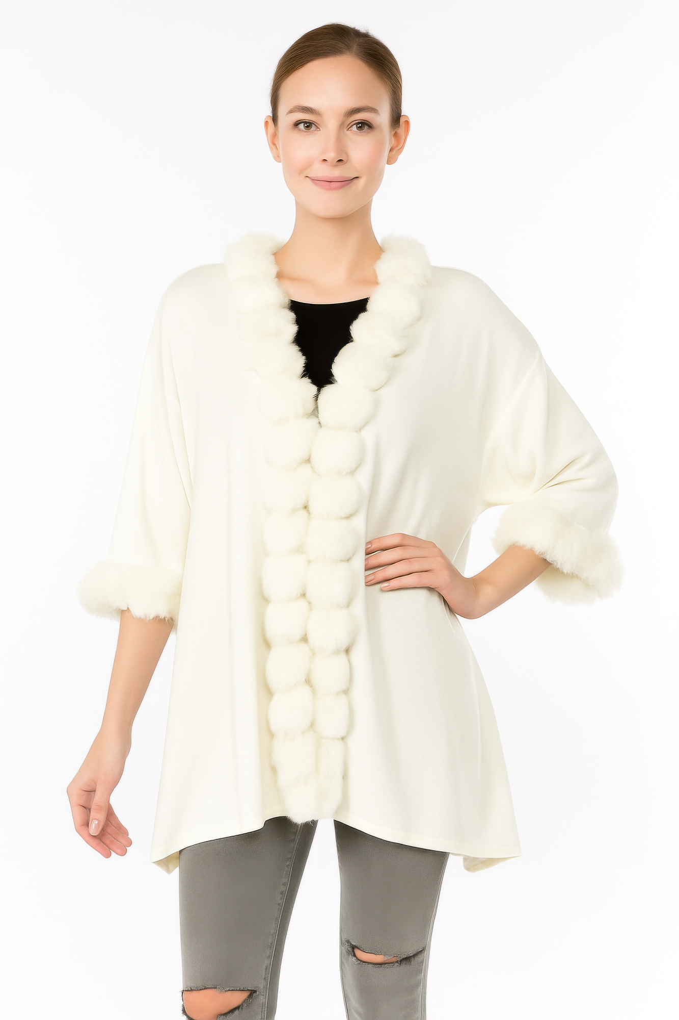 Open-front Cape With Pom Faux Fur Trim