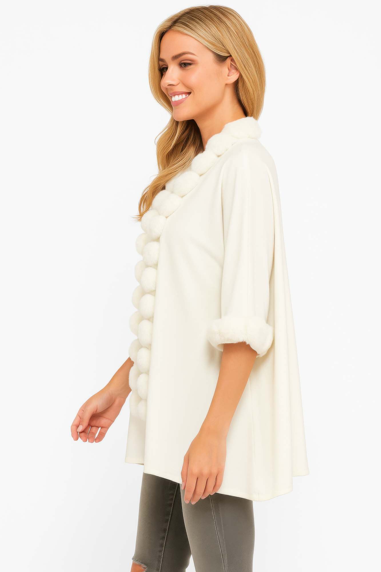 Open-front Cape With Pom Faux Fur Trim