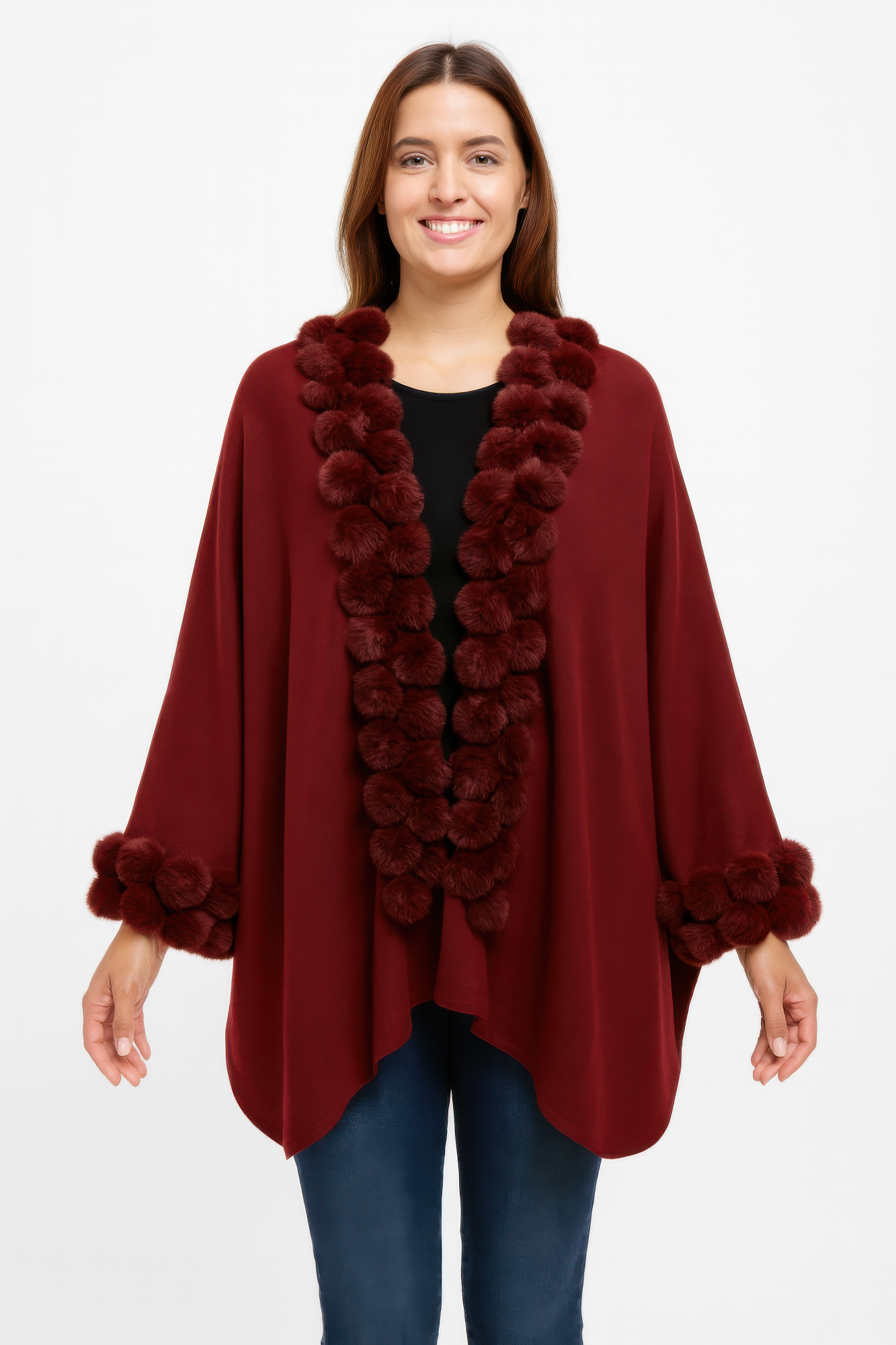 Open-front Cape With Pom Faux Fur Trim