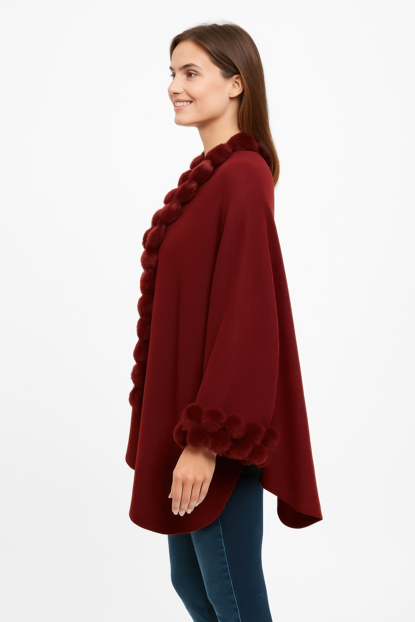 Open-front Cape With Pom Faux Fur Trim
