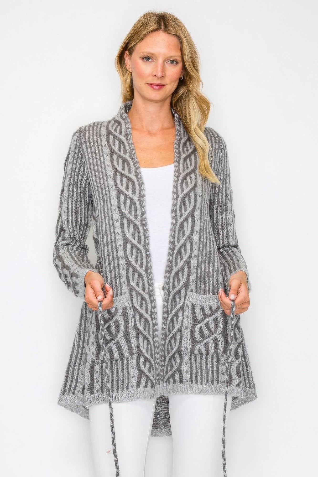 Open Wool Cardigan With Belt String & Front Pocket