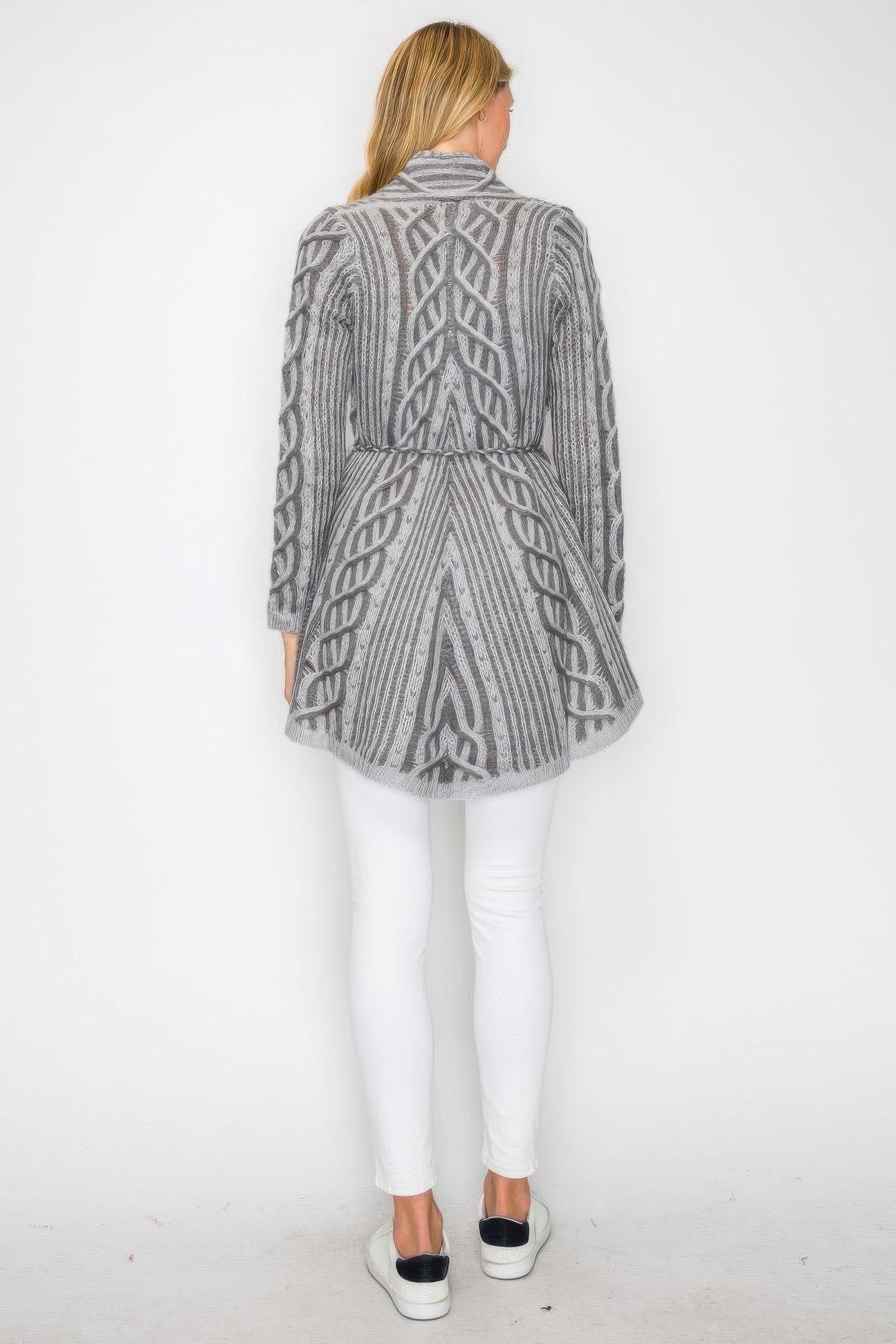 Open Wool Cardigan With Belt String & Front Pocket