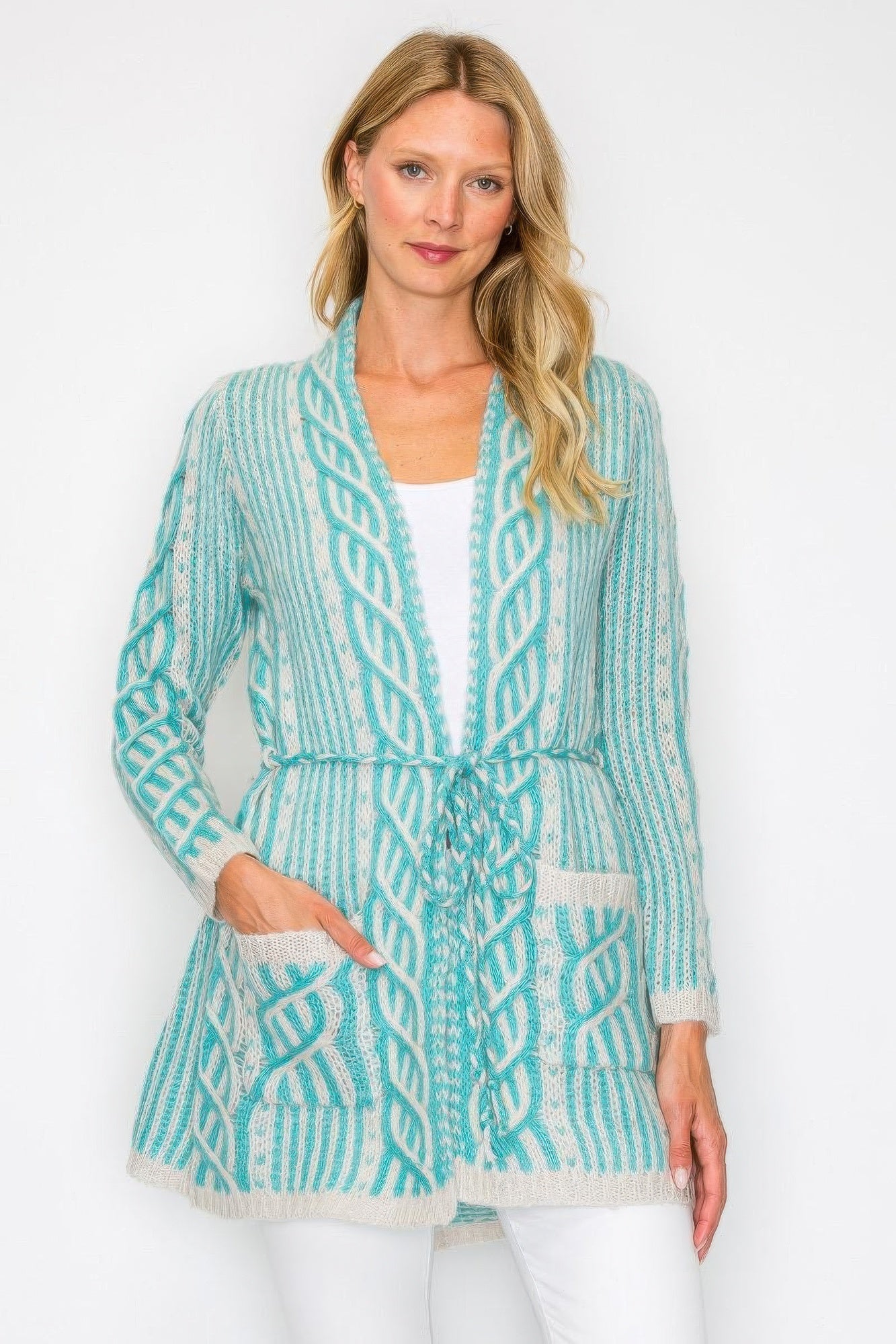 Open Wool Cardigan With Belt String & Front Pocket