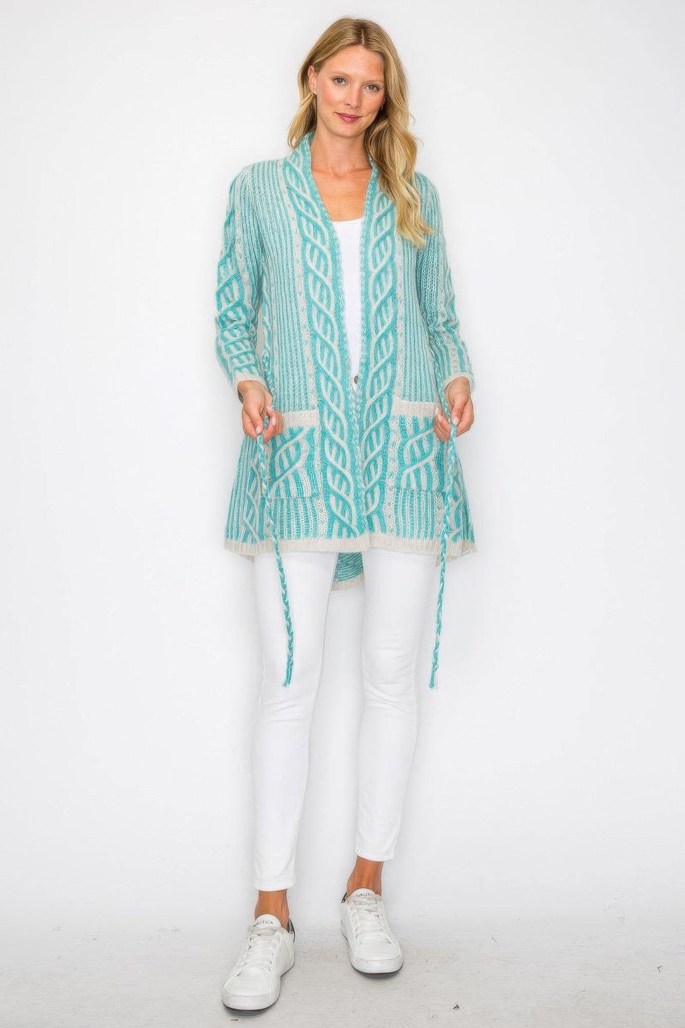 Open Wool Cardigan With Belt String & Front Pocket