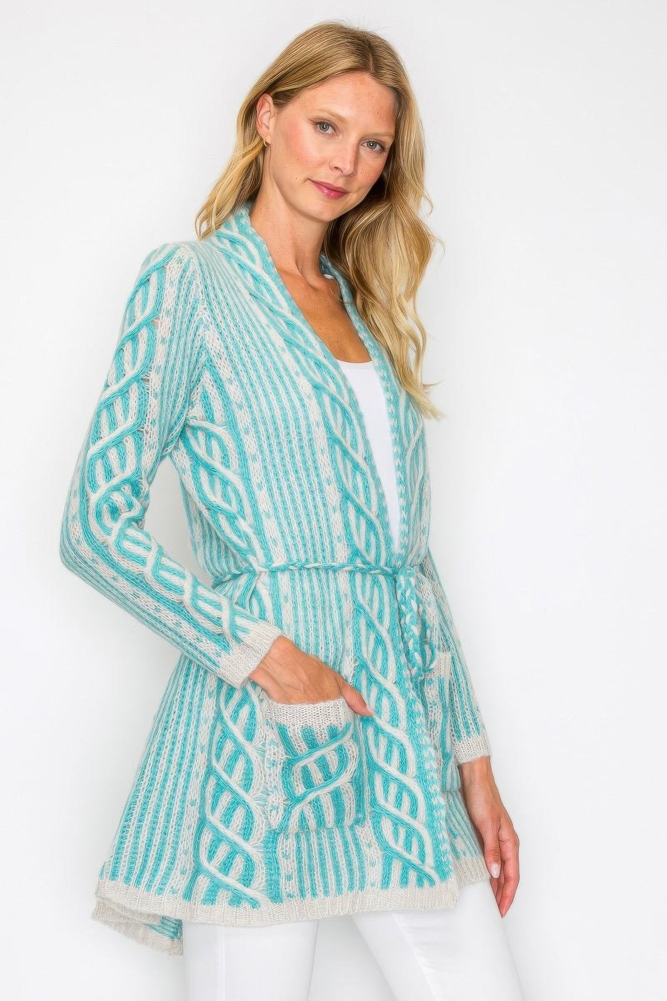 Open Wool Cardigan With Belt String & Front Pocket