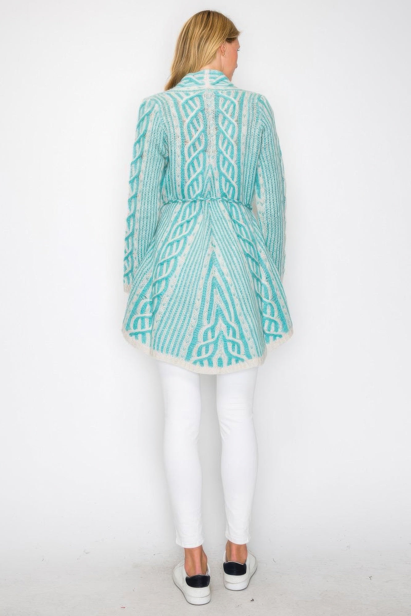 Open Wool Cardigan With Belt String & Front Pocket