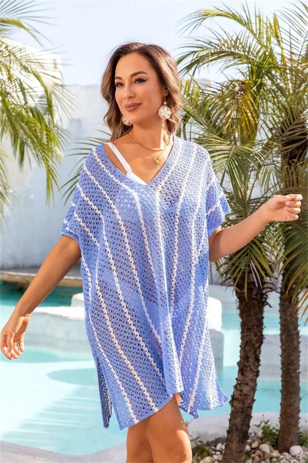 Women's Cover-Up - Sheer Openwork V-Neck - Beach to Pool