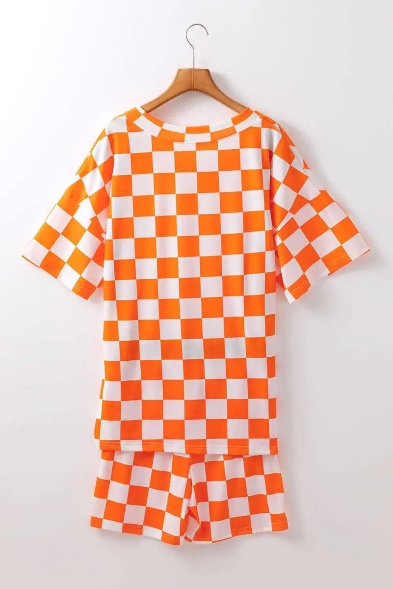 T-Shirts Love Salve Orange Checkerboard Women's Lounge Set Home Casual Comfy Short Set