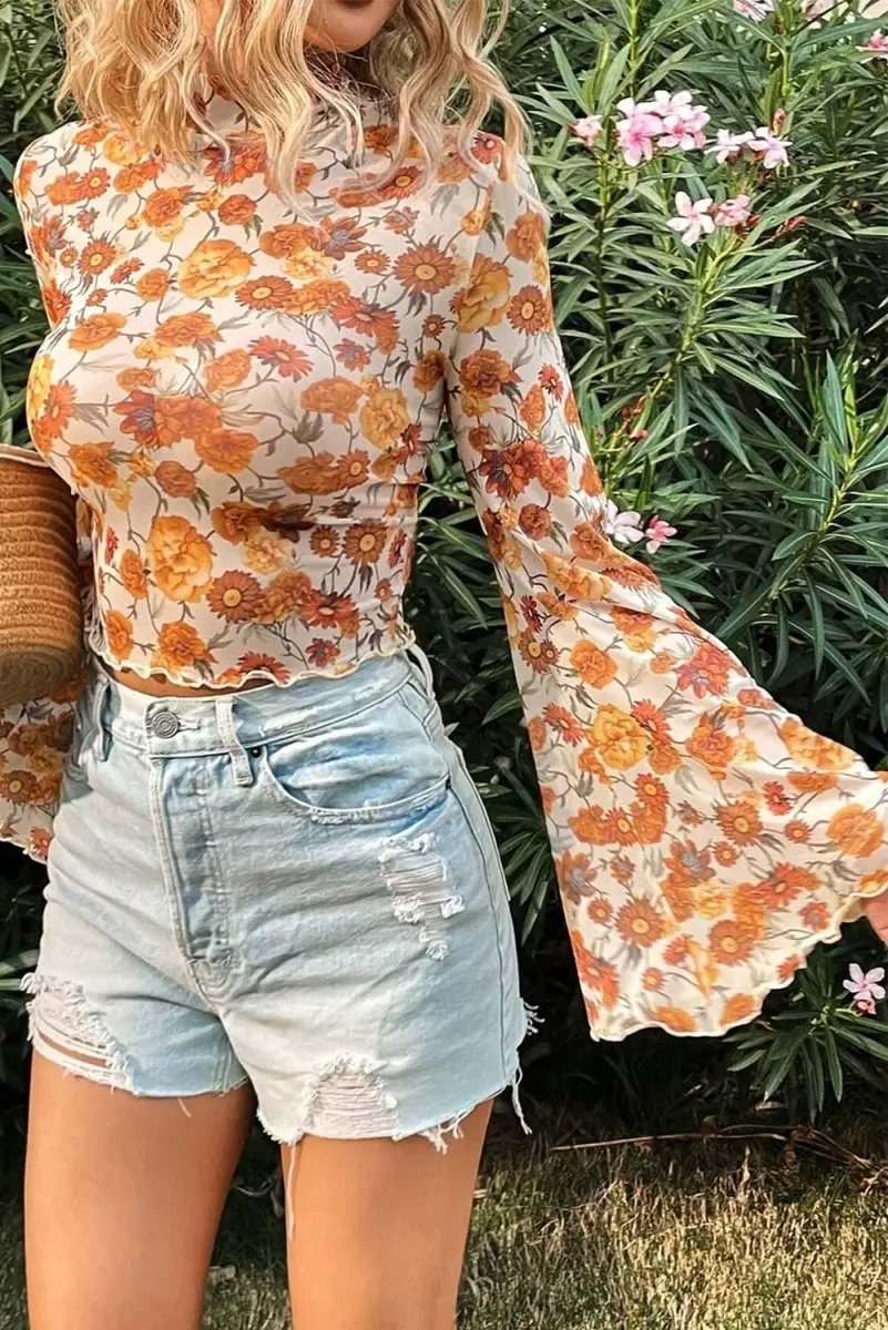 Orange Floral Blouse Women's Top by Love Salve