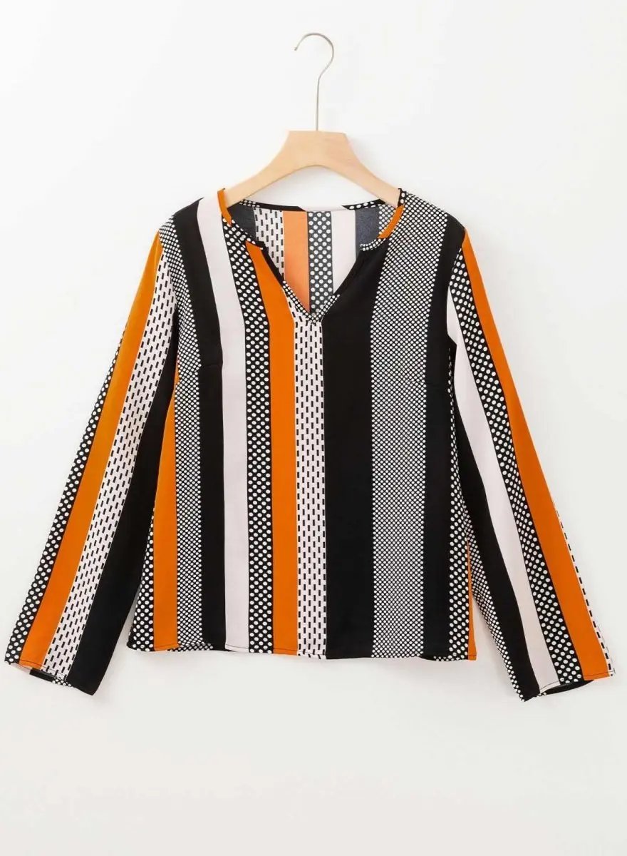 Love Salve Orange Colorblock Blouse | V-Neck Polyester Top