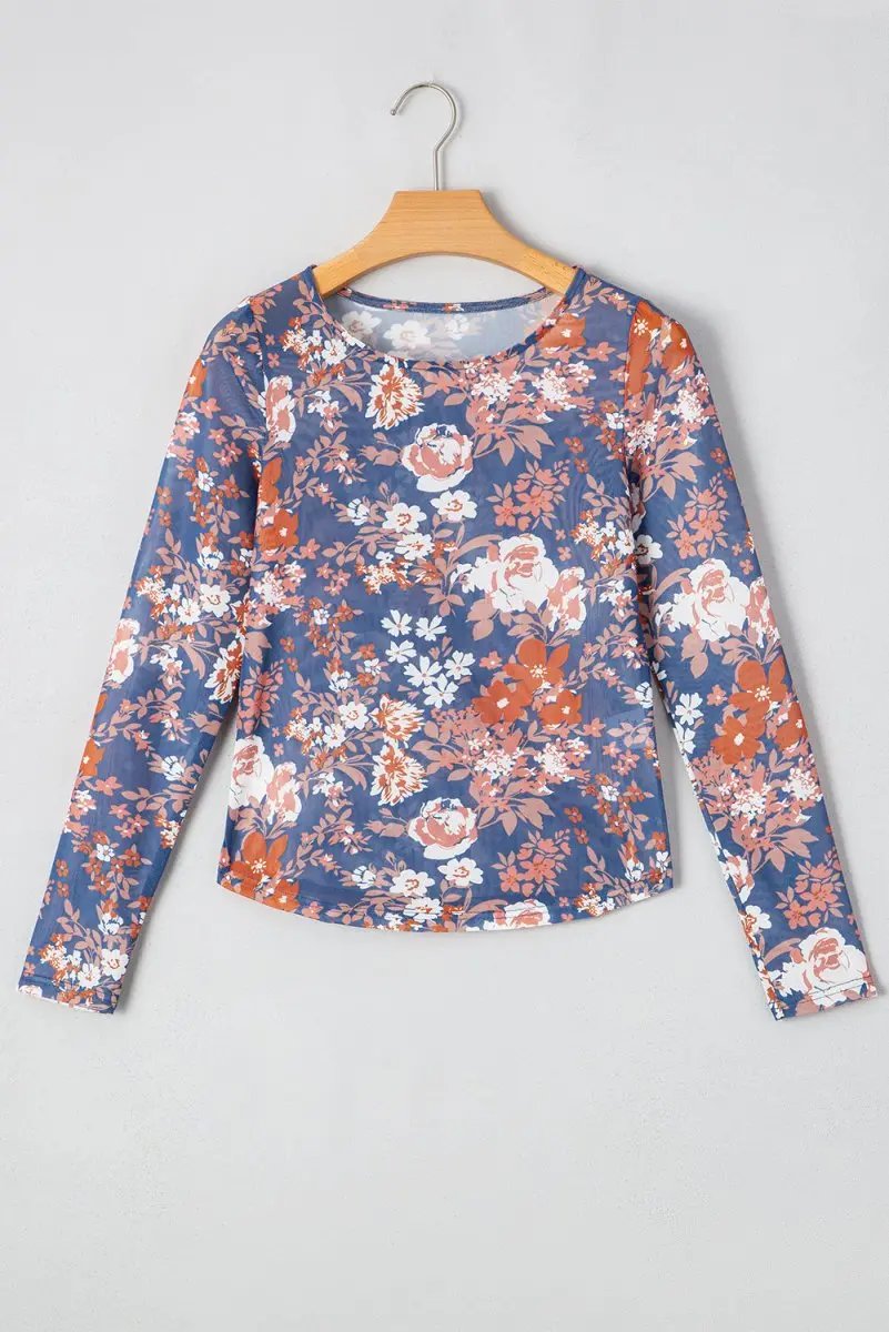 Accessories Love Salve Floral Mesh Top Women's Daily Wear Long Sleeve Sheer Fitted Shirt