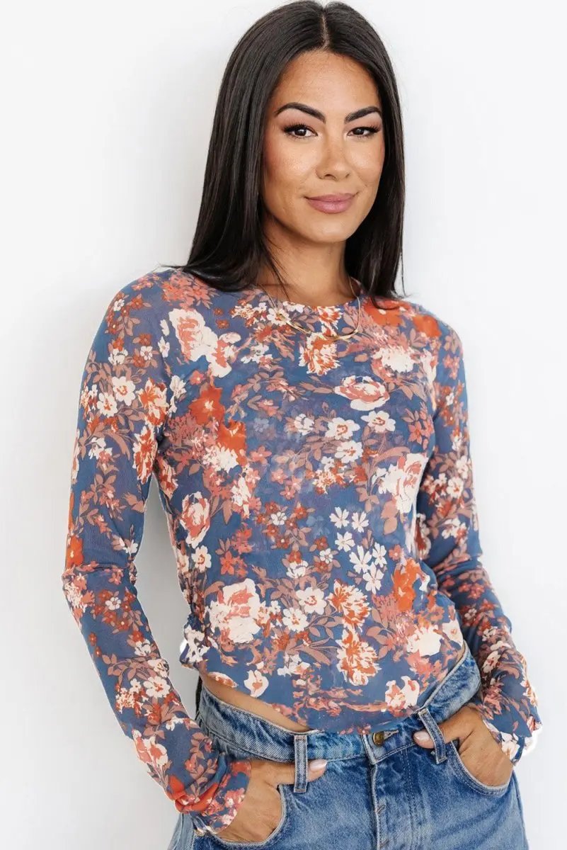Accessories Love Salve Floral Mesh Top Women's Daily Wear Long Sleeve Sheer Fitted Shirt