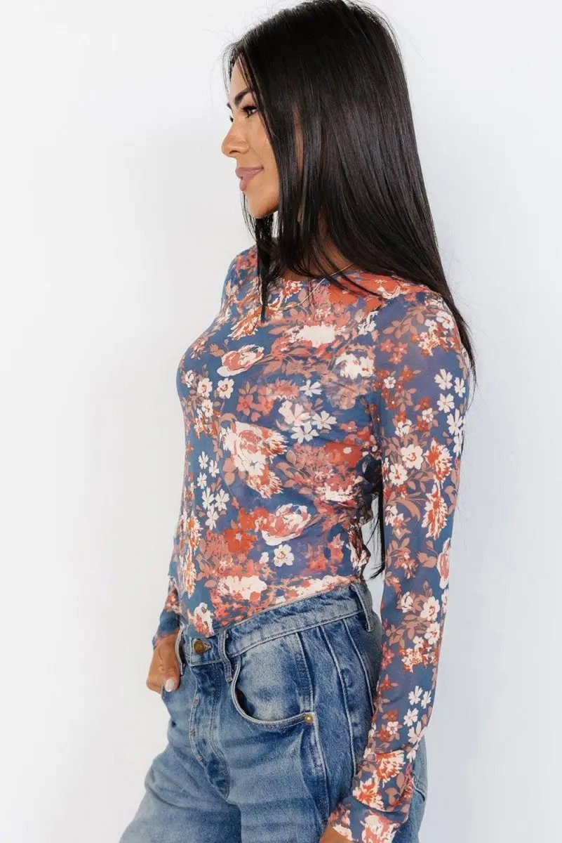Accessories Love Salve Floral Mesh Top Women's Daily Wear Long Sleeve Sheer Fitted Shirt