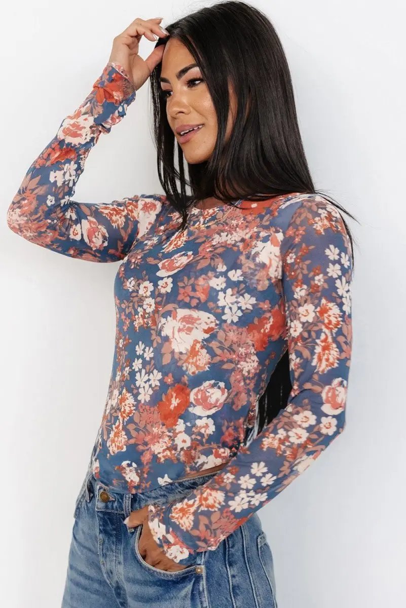 Accessories Love Salve Floral Mesh Top Women's Daily Wear Long Sleeve Sheer Fitted Shirt