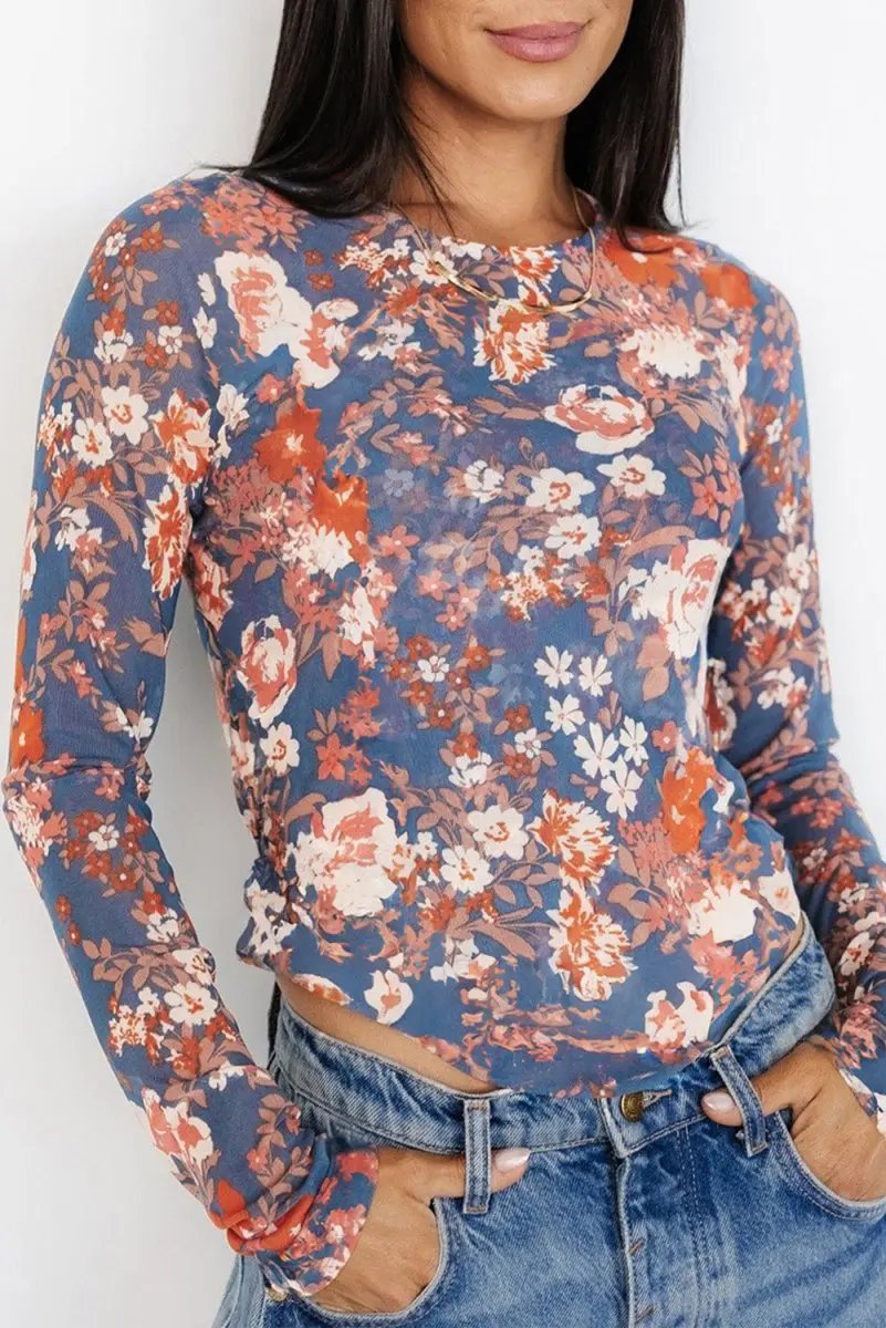 Accessories Love Salve Floral Mesh Top Women's Daily Wear Long Sleeve Sheer Fitted Shirt