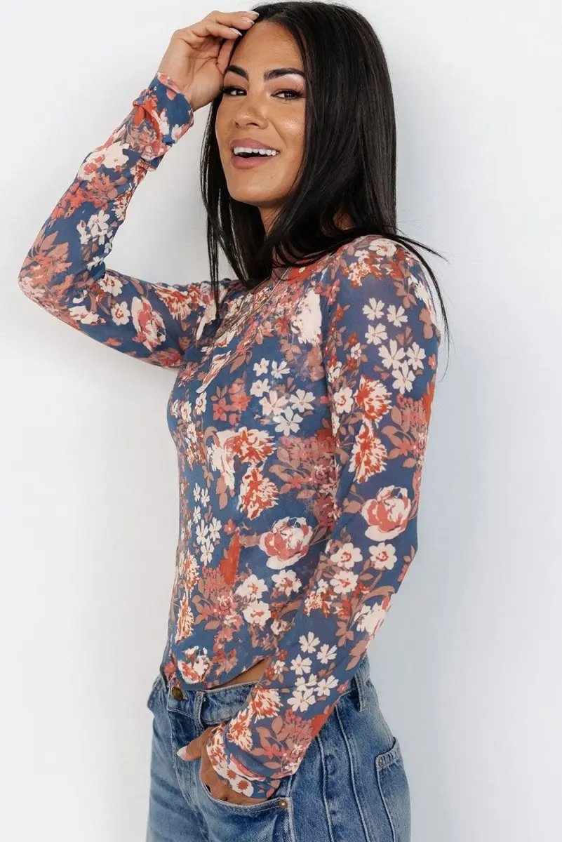 Accessories Love Salve Floral Mesh Top Women's Daily Wear Long Sleeve Sheer Fitted Shirt