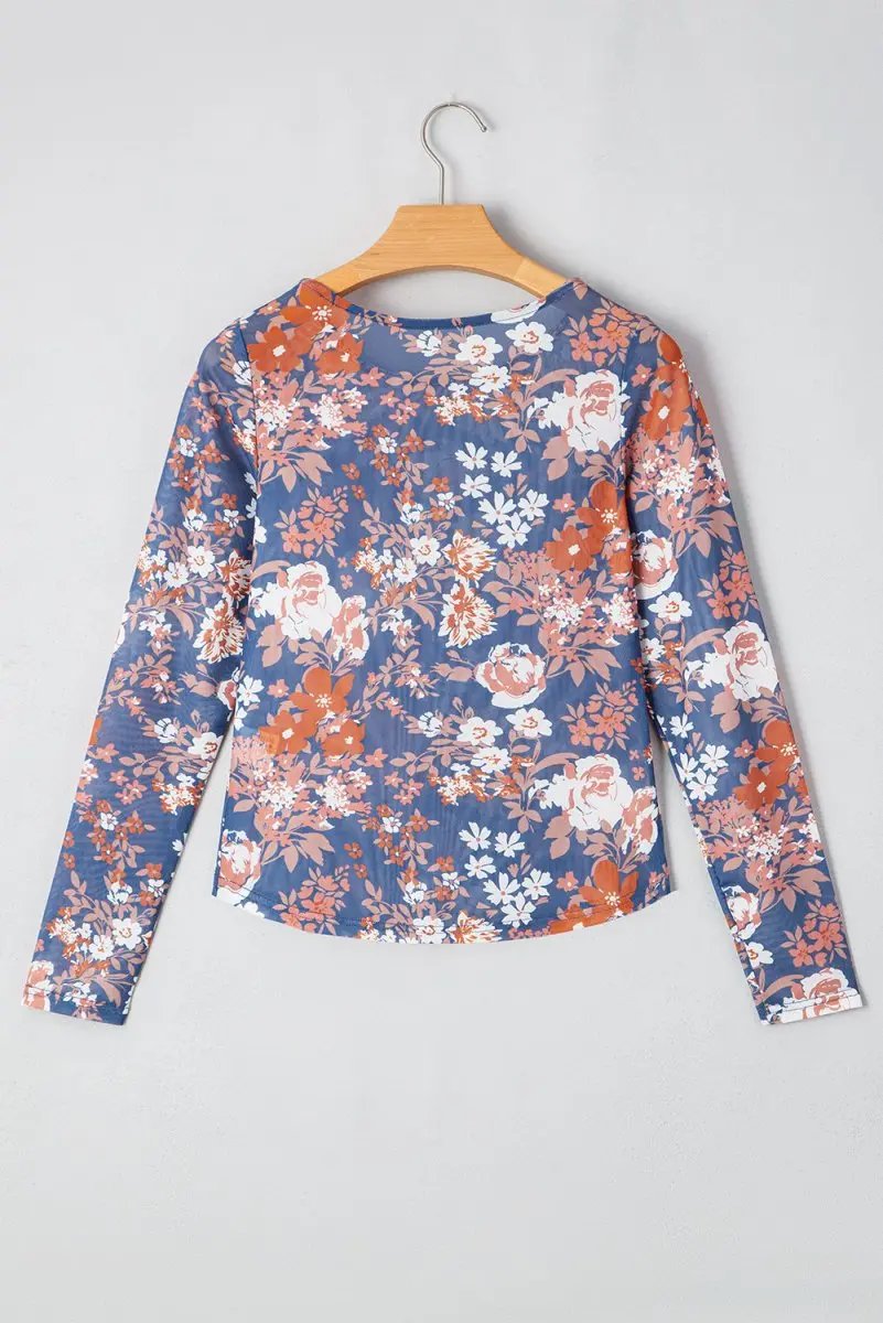Accessories Love Salve Floral Mesh Top Women's Daily Wear Long Sleeve Sheer Fitted Shirt