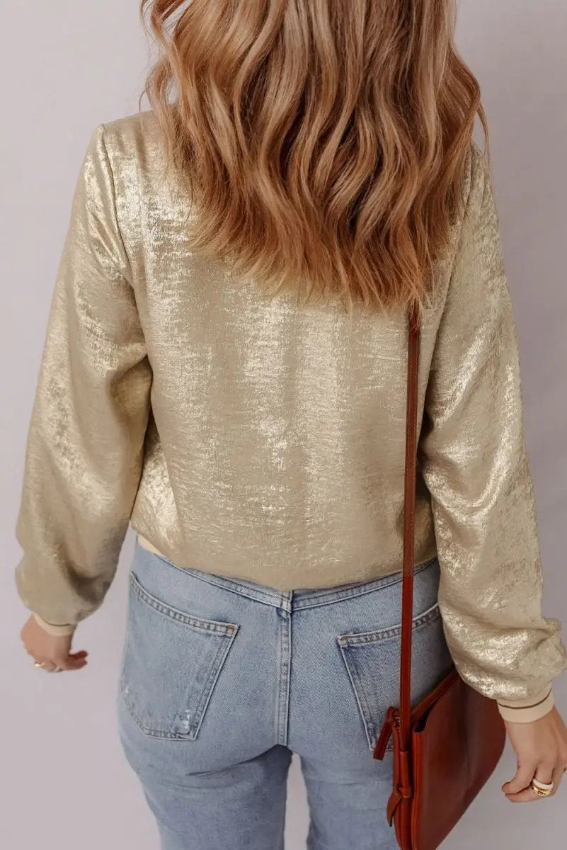 Women's Baseball Jacket - Khaki Metallic Zip-Up - Casual Fall