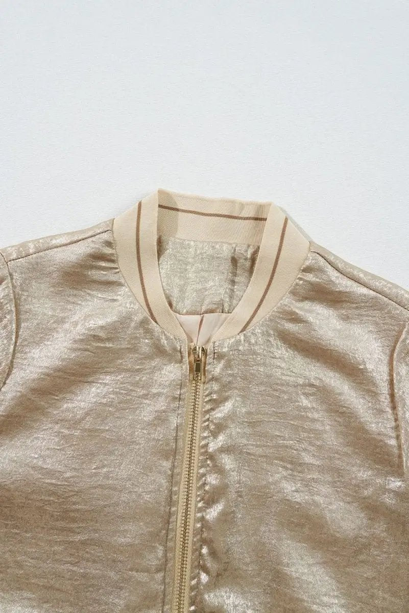 Women's Baseball Jacket - Khaki Metallic Zip-Up - Casual Fall