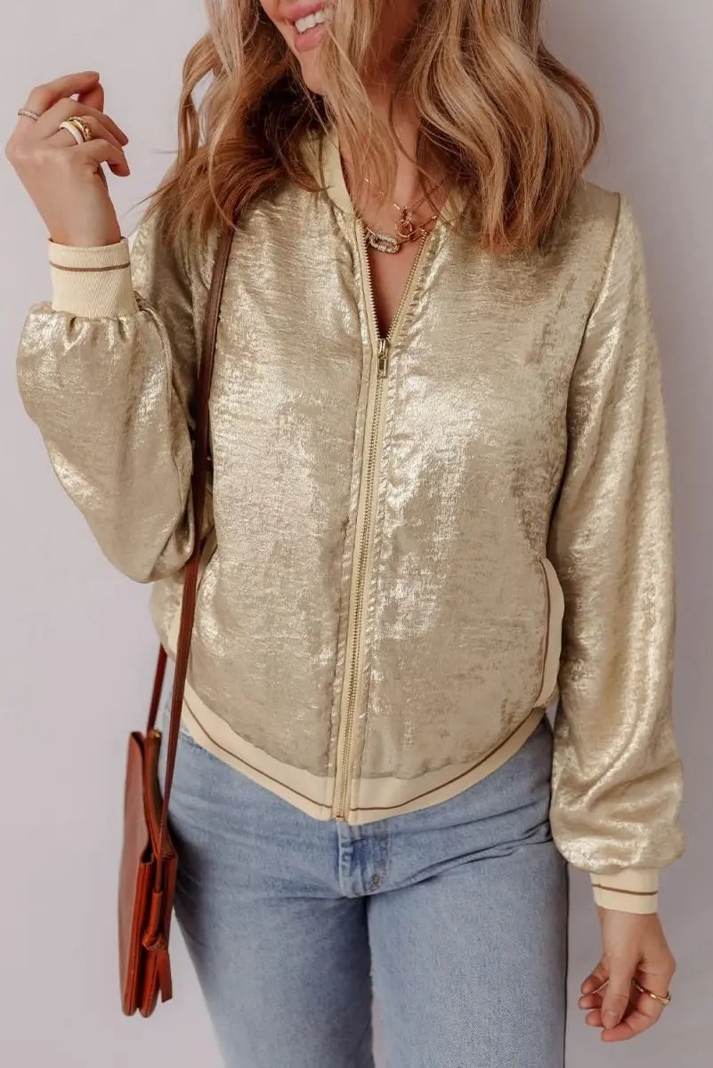 Women's Baseball Jacket - Khaki Metallic Zip-Up - Casual Fall