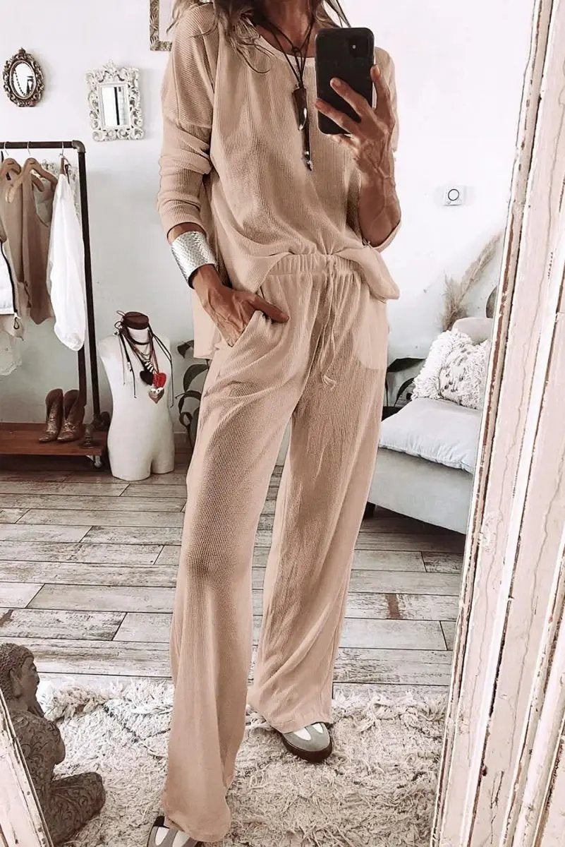 Love Salve Parchment Lounge Set Women's Home Wear Knit Top & Pants - Comfy!