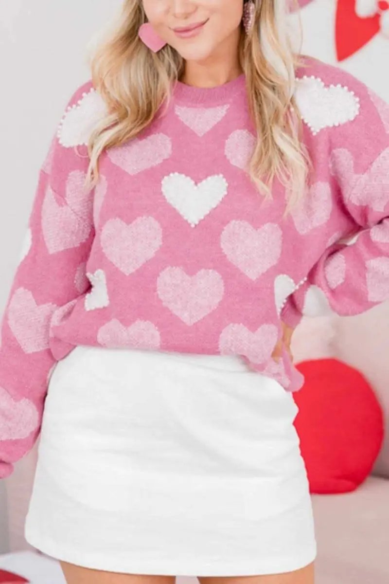 Sweaters Trendsi Pearl Trim Sweater Women's Date Night Heart Neck Long Sleeve Top