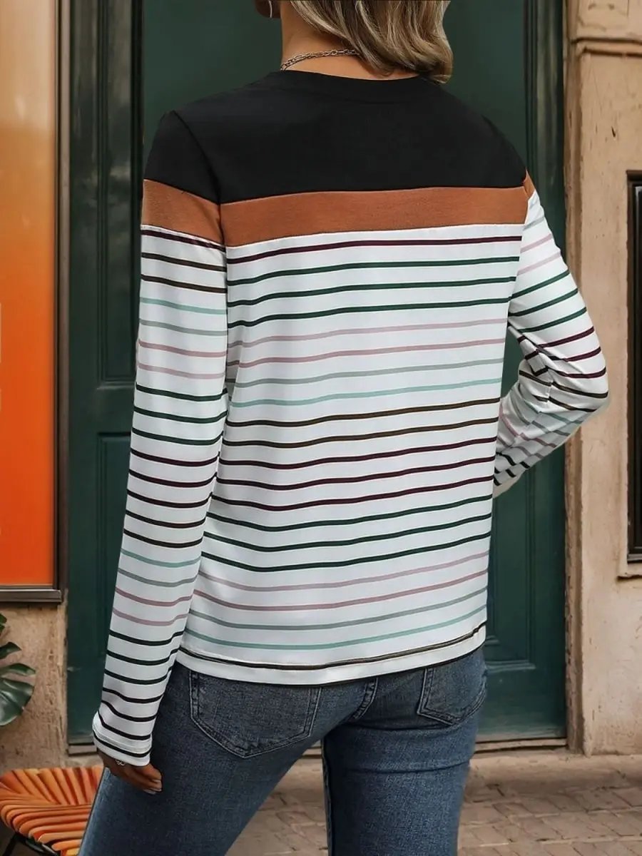 T-Shirts Trendsi Striped Tee Women's Casual Long Sleeve Polyester Shirt - Soft & Stylish