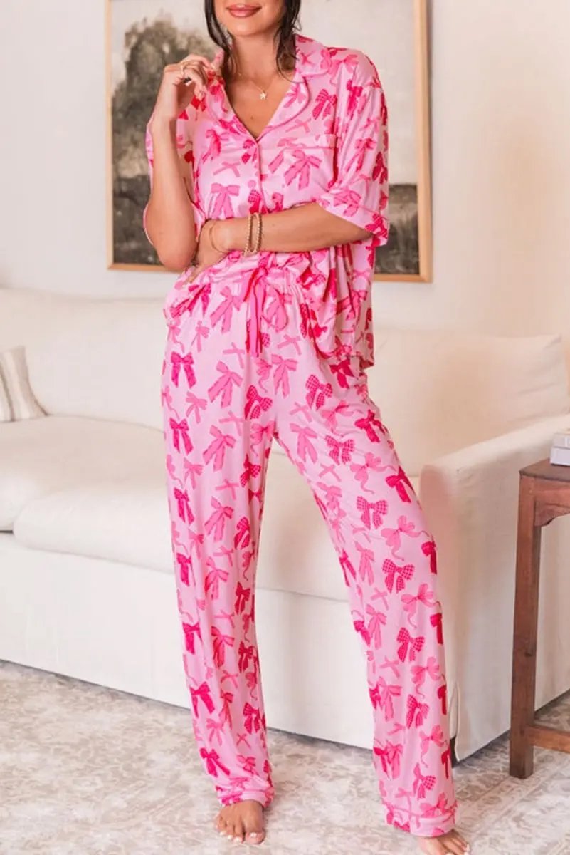Pants Love Salve Pink Bow Pajama Set Women's Loungewear Cute, Soft Sleepwear