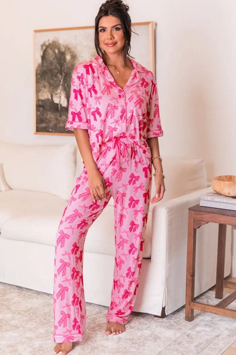 Pants Love Salve Pink Bow Pajama Set Women's Loungewear Cute, Soft Sleepwear