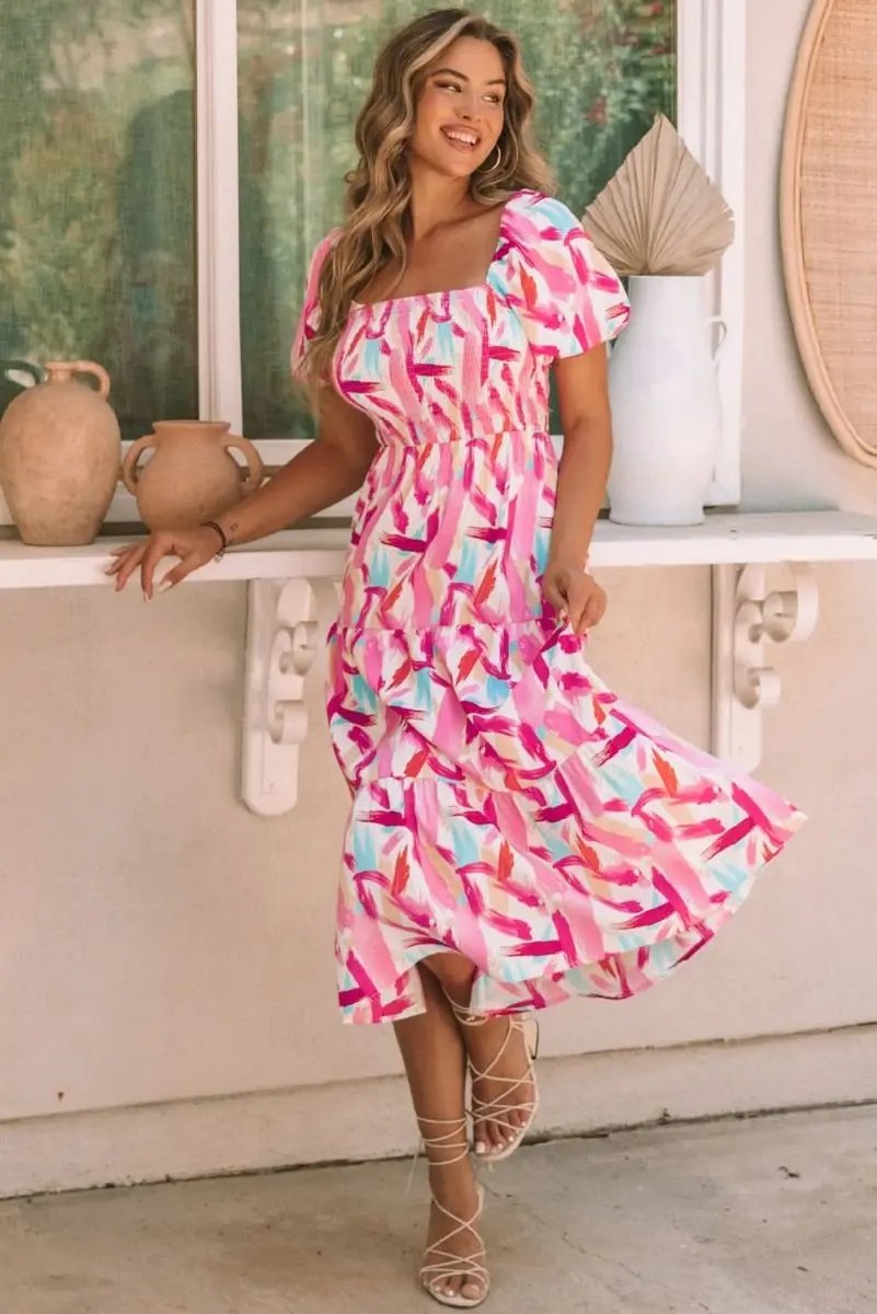 Women's Dress Dress - Pink Smocked Ruffle Tiered A-Line - Southern Belle Summer