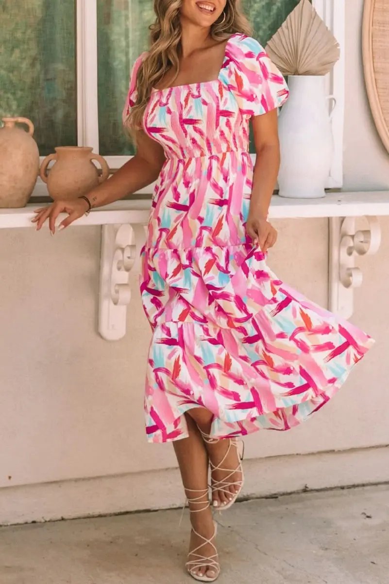 Women's Dress Dress - Pink Smocked Ruffle Tiered A-Line - Southern Belle Summer