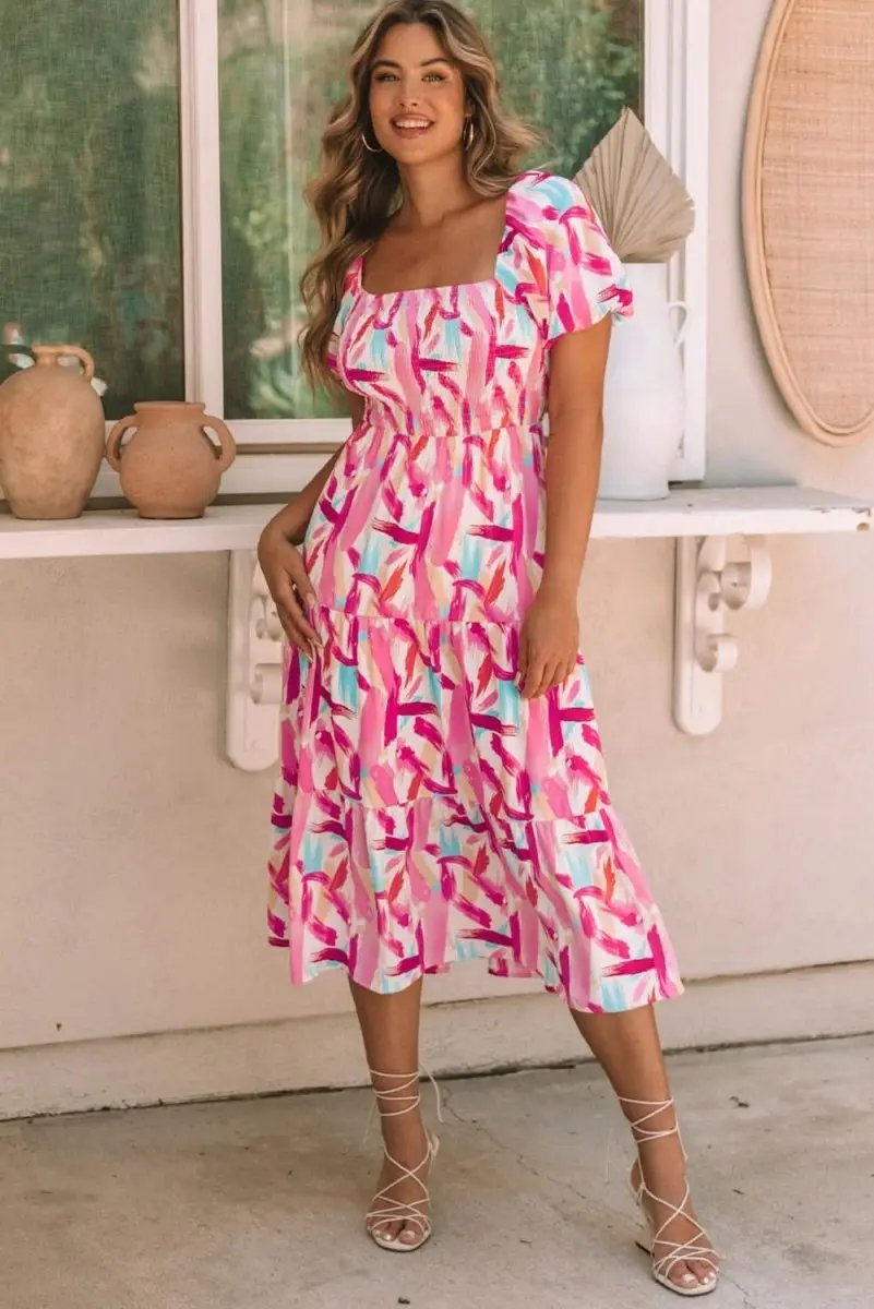 Women's Dress Dress - Pink Smocked Ruffle Tiered A-Line - Southern Belle Summer