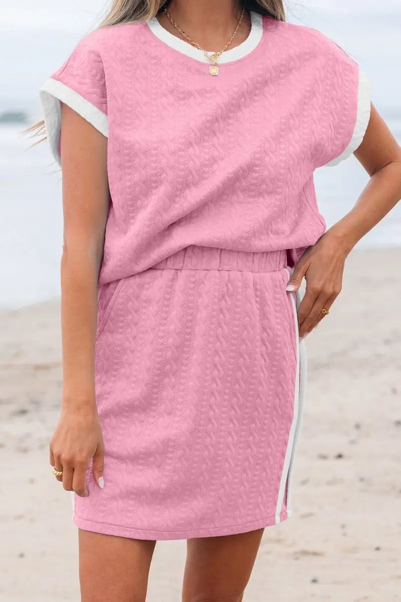 Dresses Love Salve Pink Textured Set Women's Daily Casual Tee & Skirt Set - Cute & Comfy