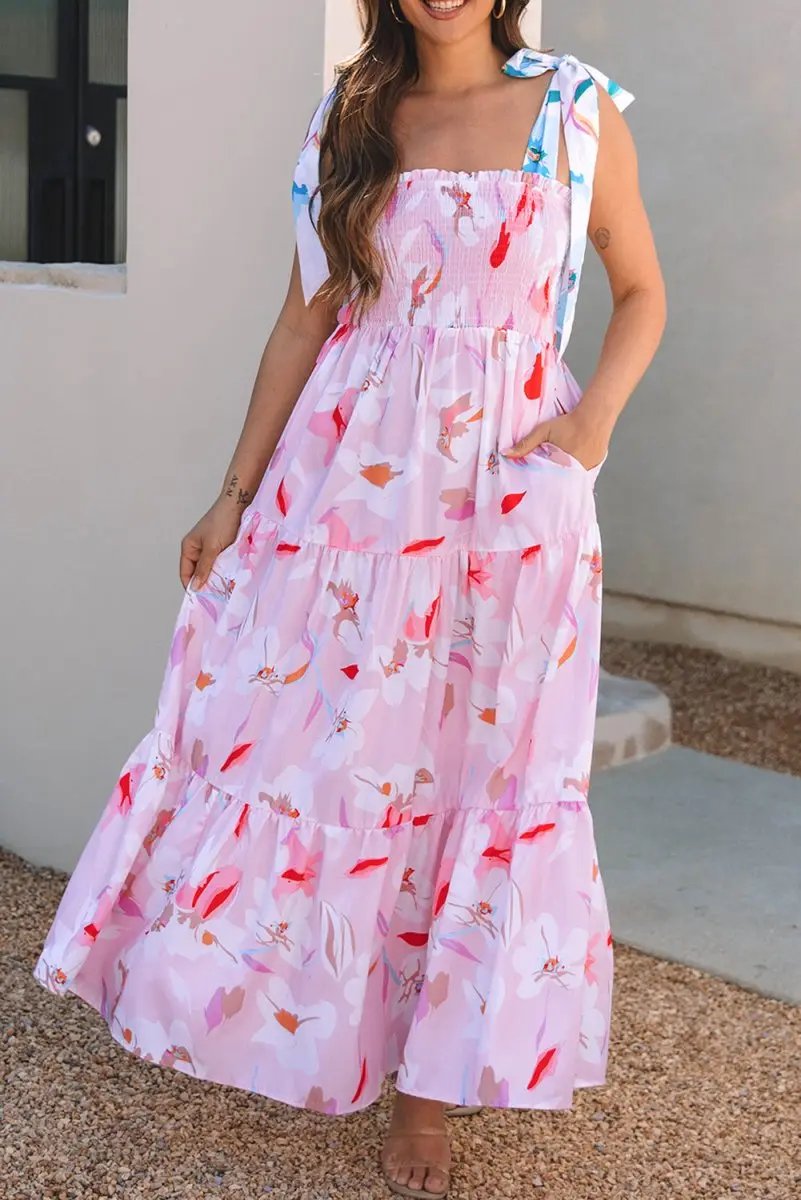 Dresses Love Salve Pink Floral Maxi Dress Women's Vacation Smocked A-Line Dress: Southern Belle Style