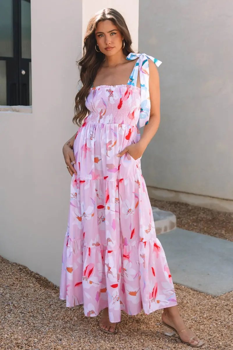 Dresses Love Salve Pink Floral Maxi Dress Women's Vacation Smocked A-Line Dress: Southern Belle Style