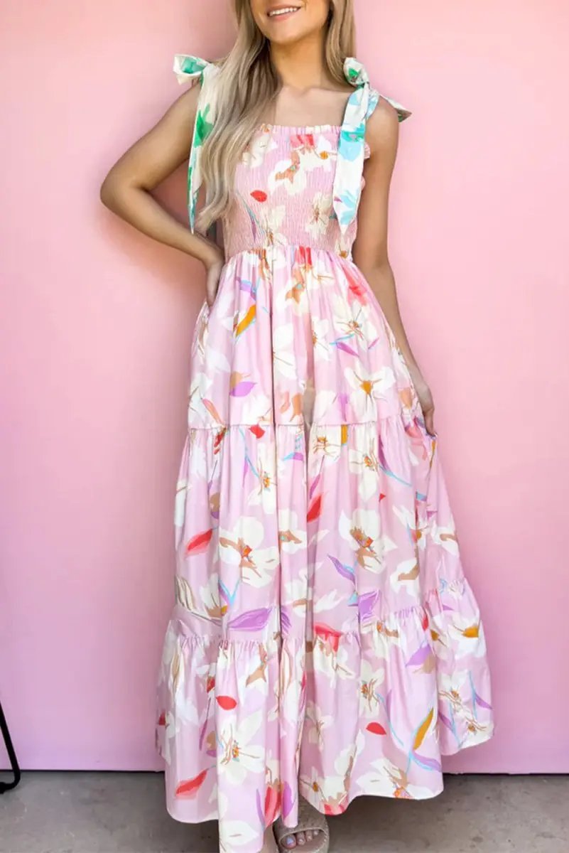 Dresses Love Salve Pink Floral Maxi Dress Women's Vacation Smocked A-Line Dress: Southern Belle Style