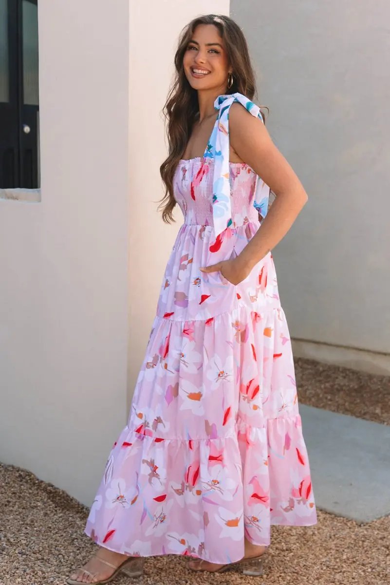 Dresses Love Salve Pink Floral Maxi Dress Women's Vacation Smocked A-Line Dress: Southern Belle Style