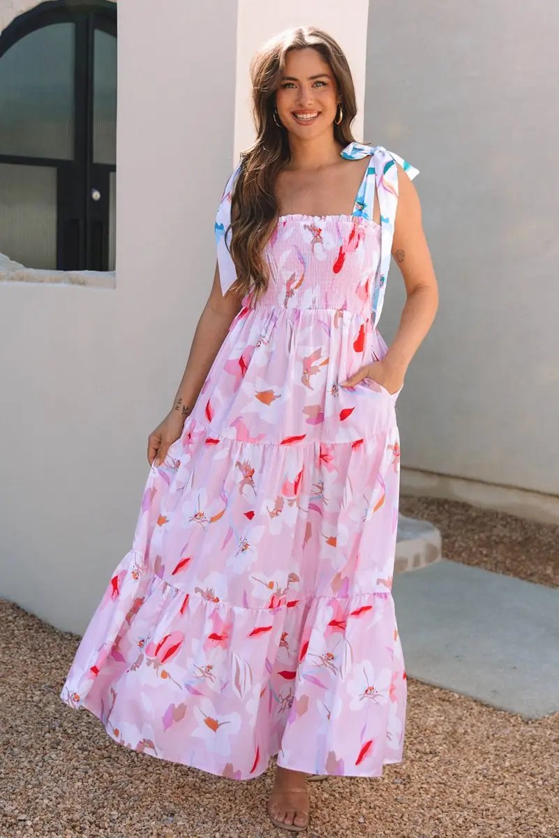 Dresses Love Salve Pink Floral Maxi Dress Women's Vacation Smocked A-Line Dress: Southern Belle Style