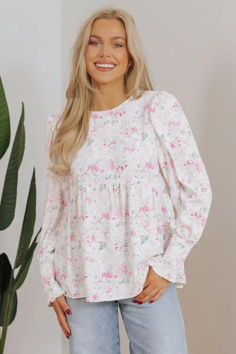 Tops/Blouses & Shirts Love Salve Pink Floral Blouse Women's Daily Southern Belle Top Shirred, Balloon Sleeve