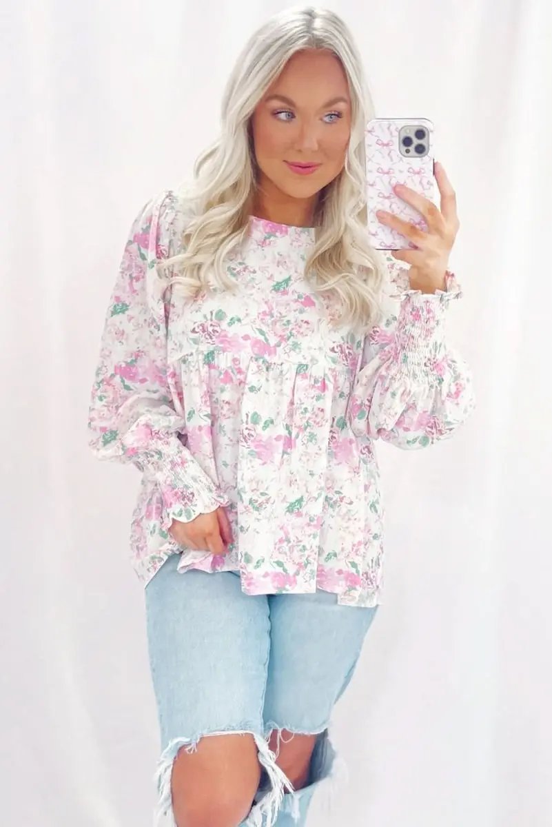 Tops/Blouses & Shirts Love Salve Pink Floral Blouse Women's Daily Southern Belle Top Shirred, Balloon Sleeve
