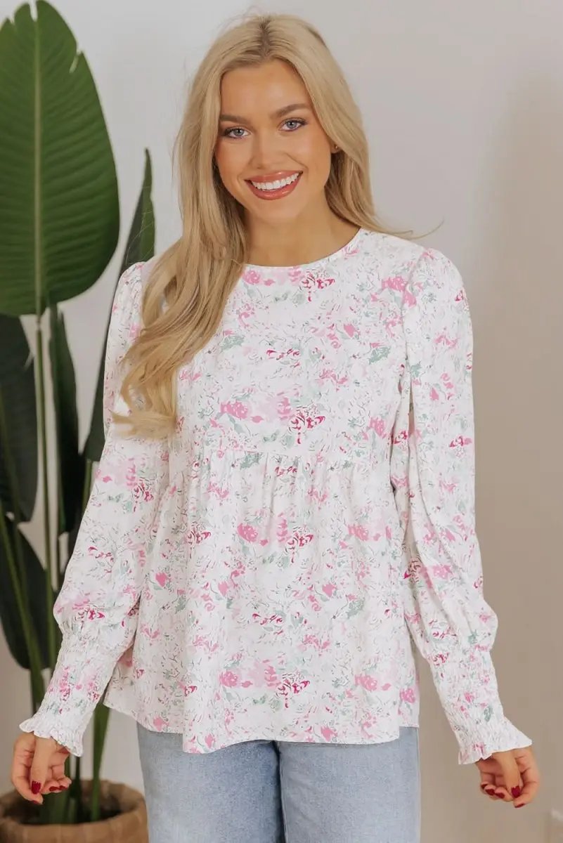 Tops/Blouses & Shirts Love Salve Pink Floral Blouse Women's Daily Southern Belle Top Shirred, Balloon Sleeve