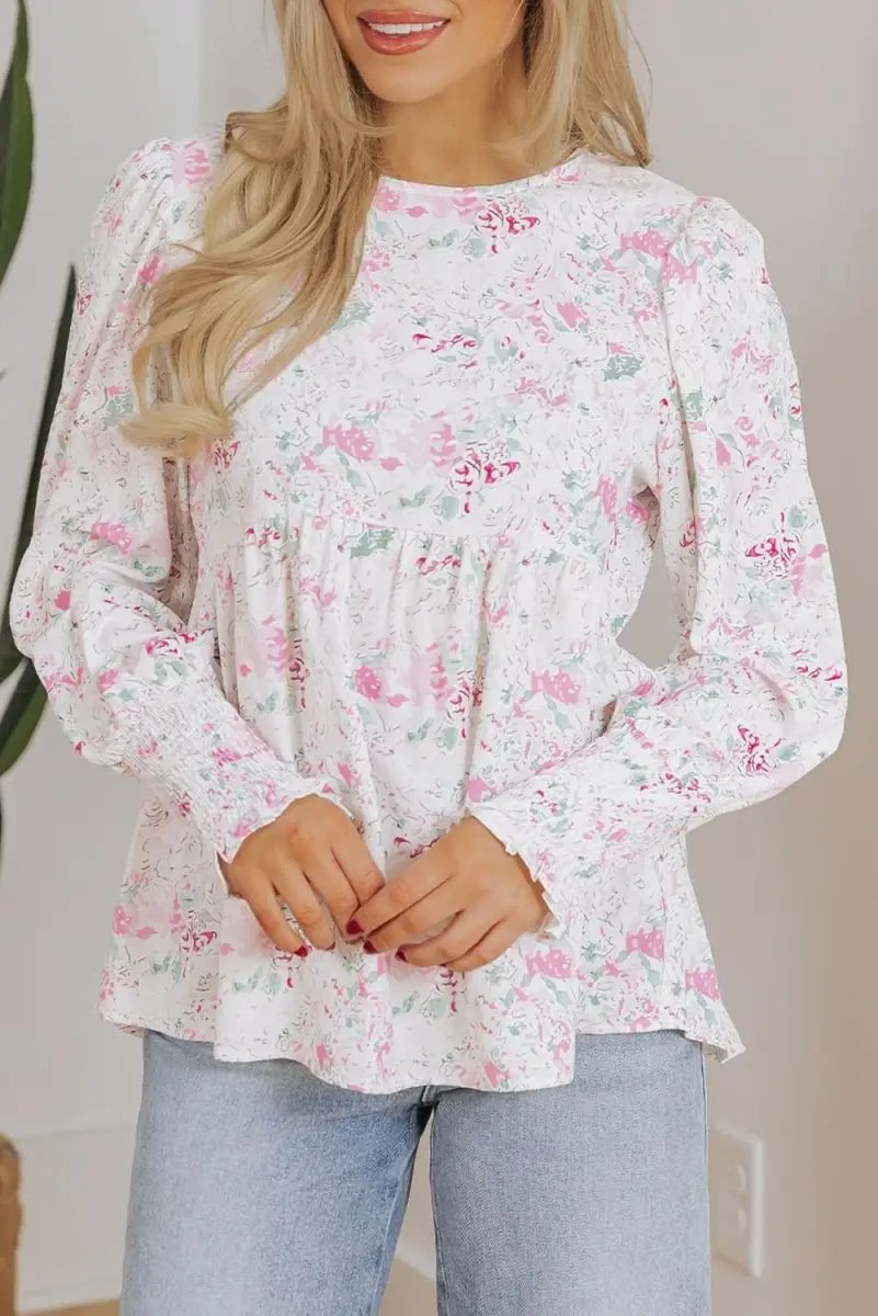 Tops/Blouses & Shirts Love Salve Pink Floral Blouse Women's Daily Southern Belle Top Shirred, Balloon Sleeve