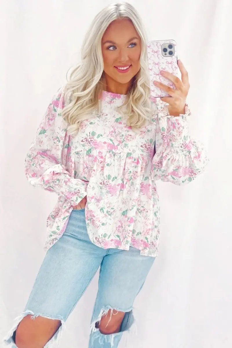 Tops/Blouses & Shirts Love Salve Pink Floral Blouse Women's Daily Southern Belle Top Shirred, Balloon Sleeve