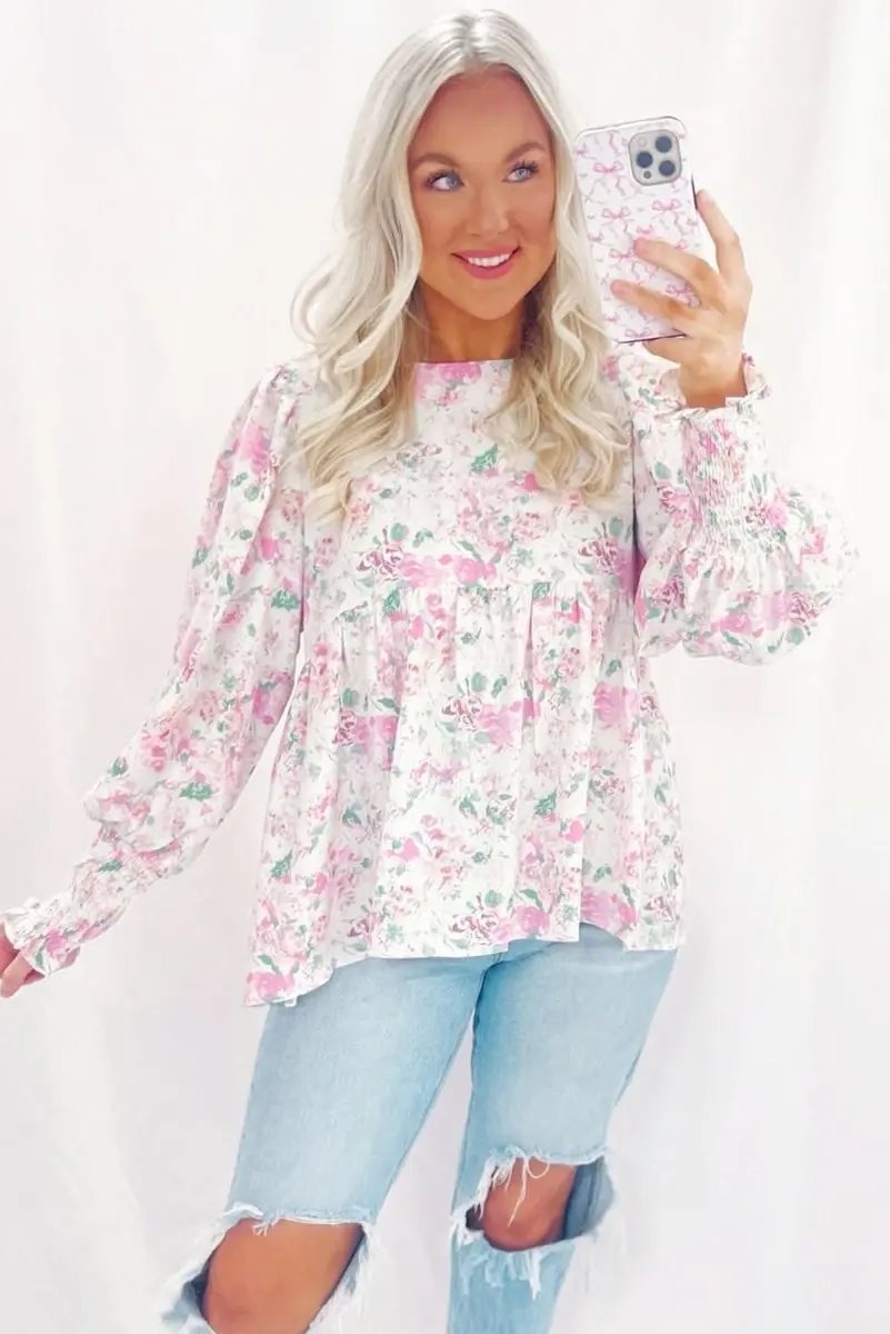 Tops/Blouses & Shirts Love Salve Pink Floral Blouse Women's Daily Southern Belle Top Shirred, Balloon Sleeve