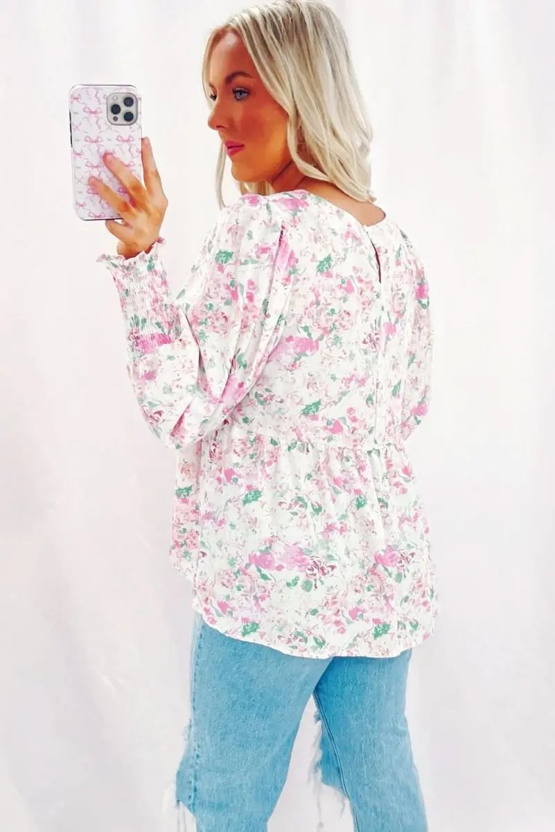 Tops/Blouses & Shirts Love Salve Pink Floral Blouse Women's Daily Southern Belle Top Shirred, Balloon Sleeve
