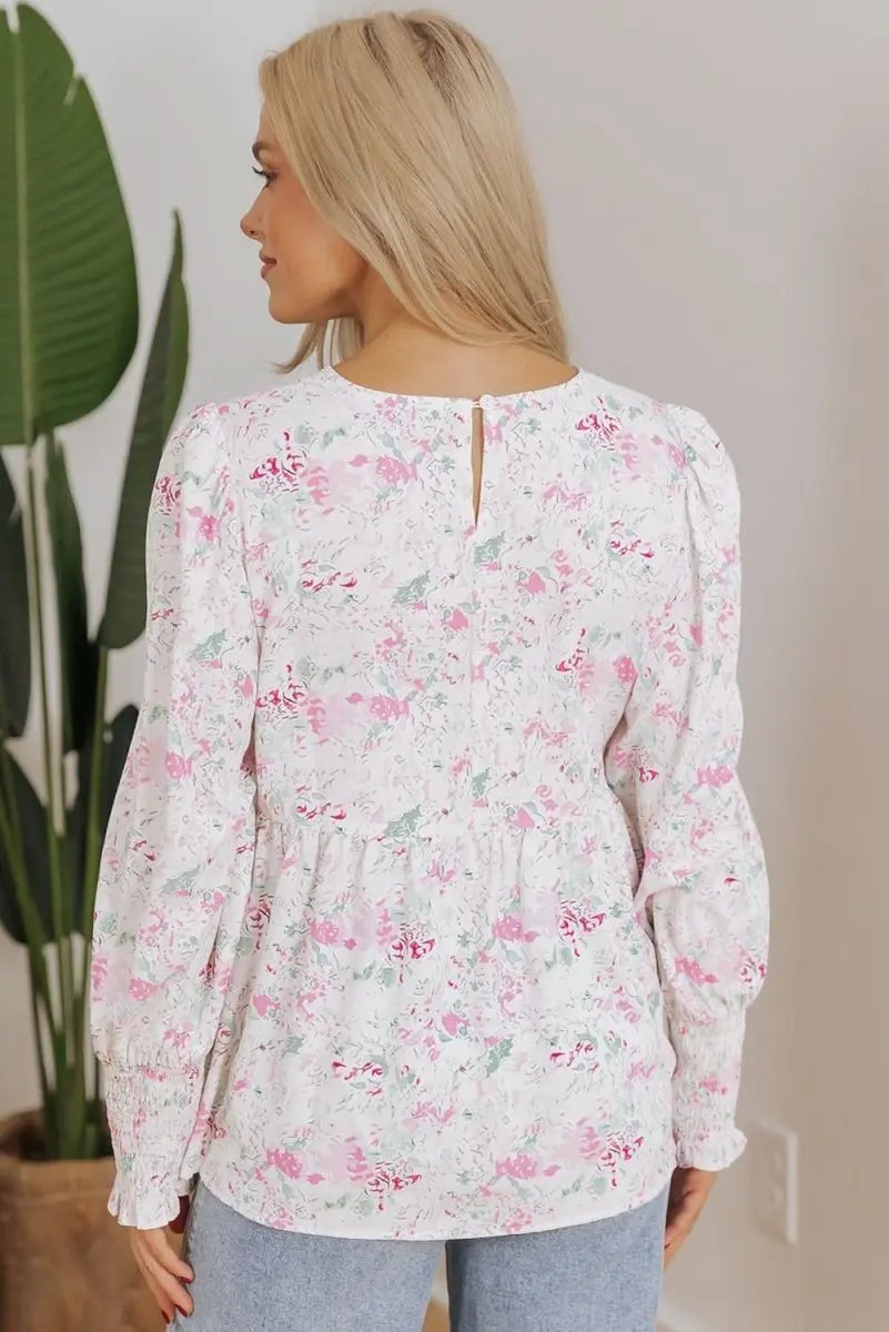 Tops/Blouses & Shirts Love Salve Pink Floral Blouse Women's Daily Southern Belle Top Shirred, Balloon Sleeve