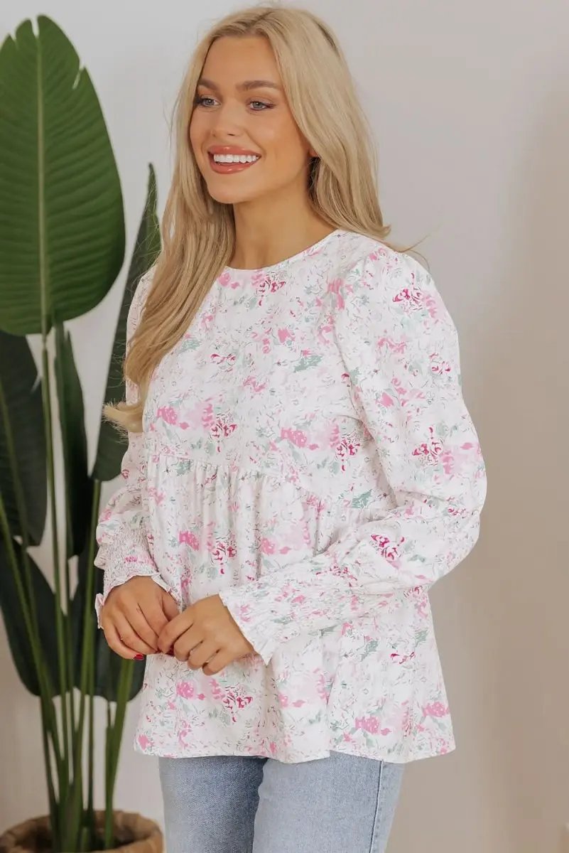 Tops/Blouses & Shirts Love Salve Pink Floral Blouse Women's Daily Southern Belle Top Shirred, Balloon Sleeve