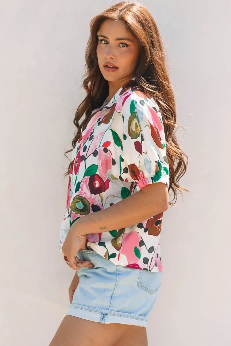 Accessories Love Salve Pink Floral Blouse Women's Daily Summer Top V Neck & Slit Detail