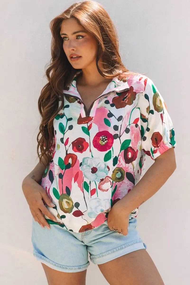 Accessories Love Salve Pink Floral Blouse Women's Daily Summer Top V Neck & Slit Detail